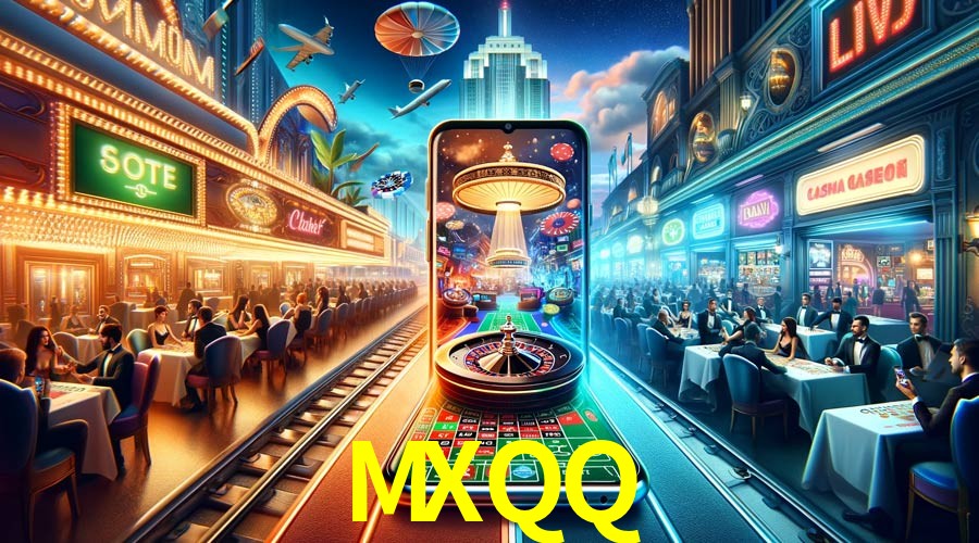 Una escena digital vívida inspirada en casino con MXQQ mostrado prominentemente, luces brillantes, fichas, cartas y acentos dorados.