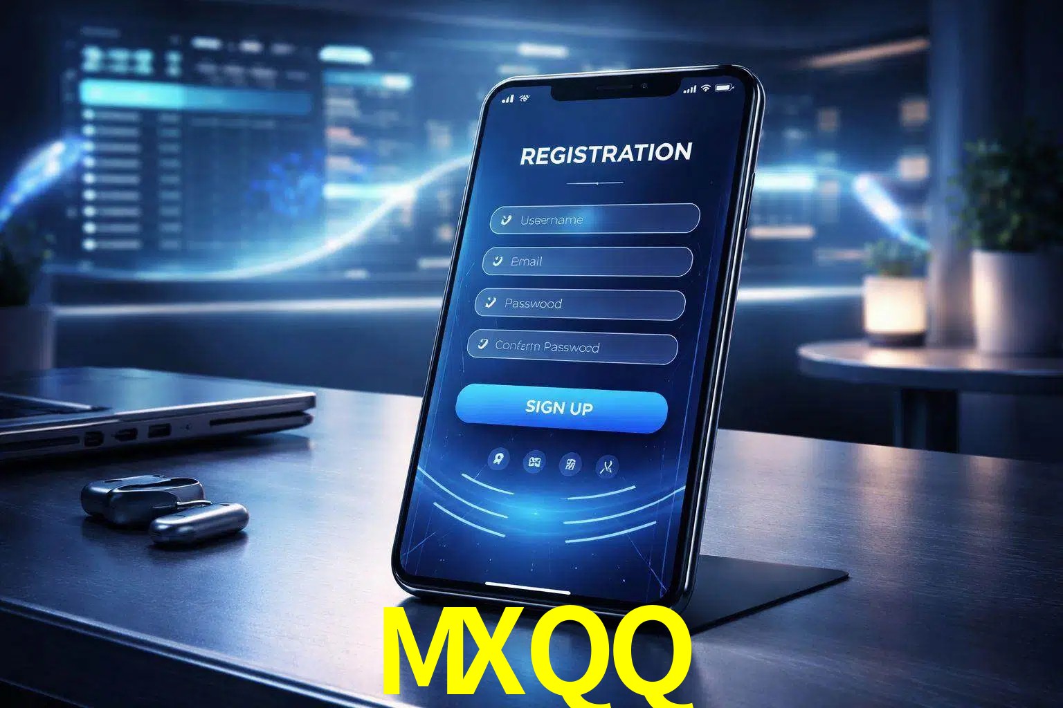 Una interfaz moderna de registro móvil para MXQQ mostrada en un smartphone con un panel de apuestas elegante.